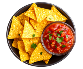 Bowl of Golden Tortilla Chips with Fresh Salsa Dip, isolated on transparent background