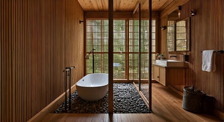 Fototapeta premium Japandi bathroom with wood elements and stone accents.jpg