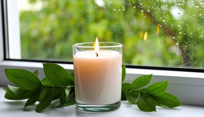 Burning Candle On Windowsill With Green Leaves