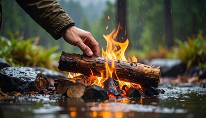 Hand Adding Wood To Campfire In Wet Forest