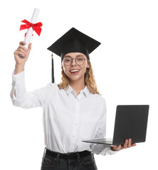 Happy student with diploma and laptop after graduation on white background