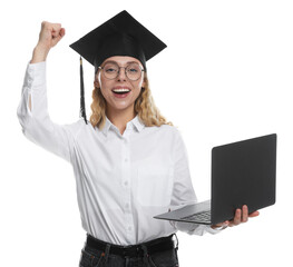 Happy student with laptop after graduation on white background