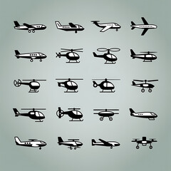 Diverse Aircraft Collection Vector Icons isolated on a transparent background airplane