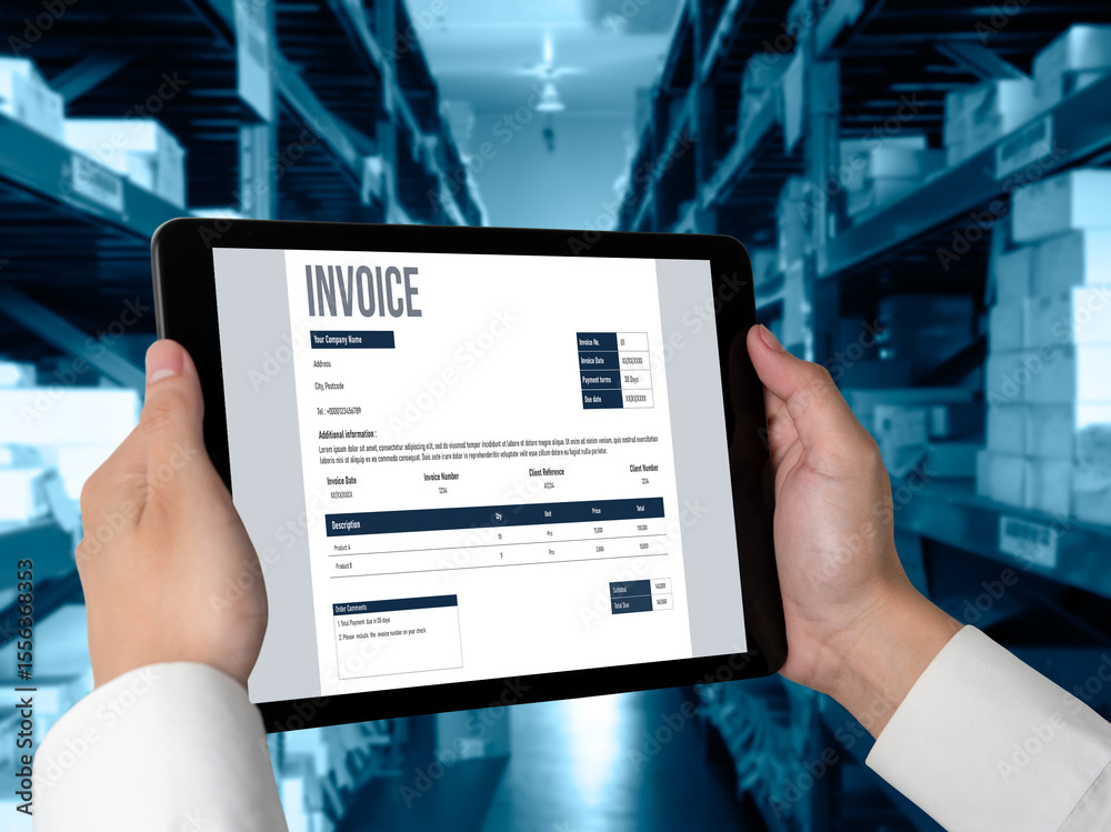 Poster invoice on computer screen from accounting application. computer program for financial and budget of