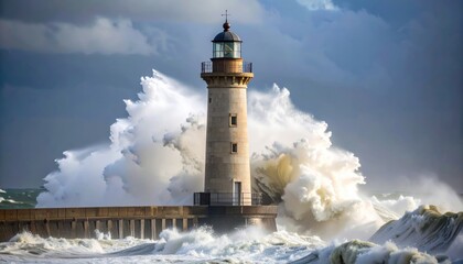 Powerful Storm Waves Crashing Against Lighthouse