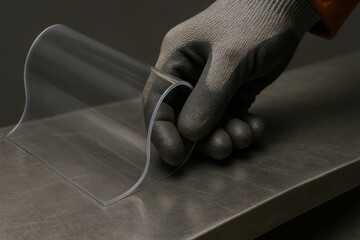 Clear Sheet Examination: An industrial worker meticulously examines a pliable, transparent sheet of material, demonstrating careful handling and quality control.