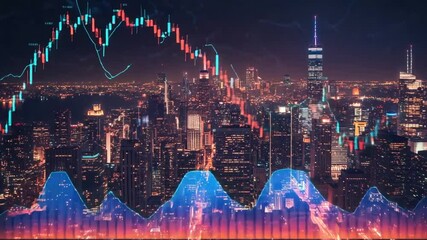 Night city skyline with financial graph overlay - Powered by Adobe