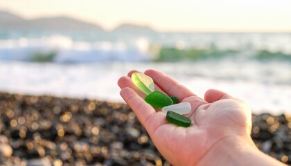Handful Of Colorful Sea Glass On Beach At Sunset