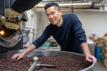 Man inspecting roasted coffee bean in industrial roastery, smiling and focused, modern equipment, casual clothing, production process