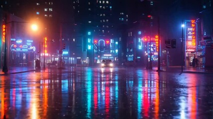 Neon-lit city street at night with rain reflections