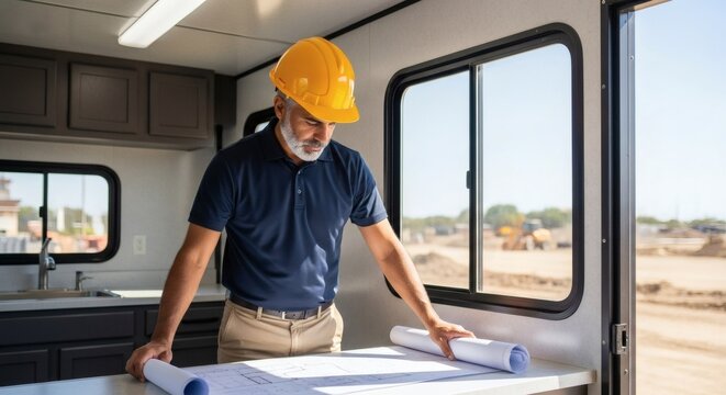 Construction Site Manager Reviewing Blueprints in Mobile Office