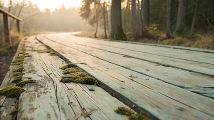 Wooden surface with faded paint and subtle moss patches — tactile and gentle