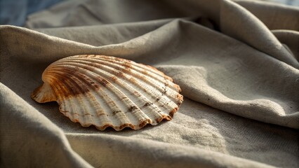 Old seashell with chipped edge on fabric — soft shadows and natural wear