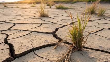 Mud-cracked earth with dry grass emerging — contrast of decay and survival