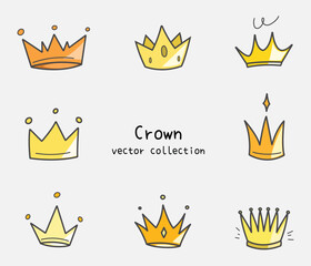 Crown doodles illustration vector isolated collection set. Clip art cartoon of crown with gold and shining color for decoration, material, asset, design