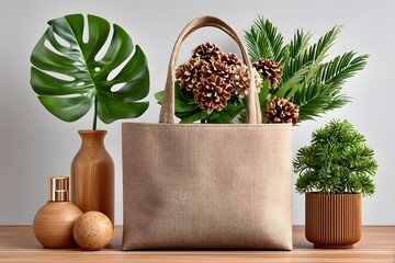 Eco friendly jute bag filled with white flowers and leaves high resolution picture