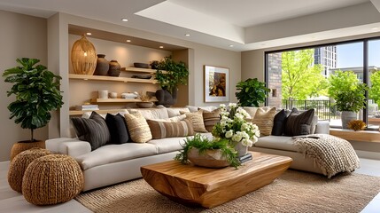Earth-toned cushions and soft white couch interior setting high resolution image