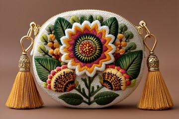 Colorful handmade round clutch with tassel charm high resolution picture