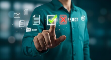 Businessman Making a Decision on a Digital Touchscreen to Approve or Reject a Document