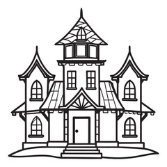Obraz premium Spooky haunted mansion with multiple towers and pointed roofs in black and white outline.