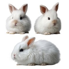Obraz premium Three adorable fluffy white baby bunnies in different poses isolated on transparent background