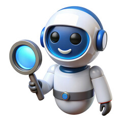 Cute robot character holding a magnifying glass searching for information isolated on transparent background