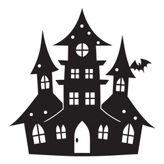 Spooky black haunted house silhouette with a flying bat on a white background.