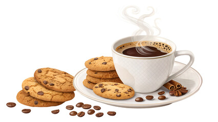 Fresh coffee with chocolate chip cookies and cinnamon sticks breakfast food photography image stock photo isolated on transparent background