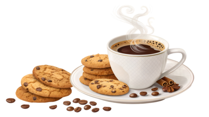 Fresh coffee with chocolate chip cookies and cinnamon sticks breakfast food photography image stock photo isolated on transparent background