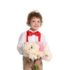 Cute little boy with bouquet of beautiful peonies on white background