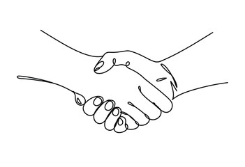 A simple black and white line drawing of two hands shaking in a handshake gesture