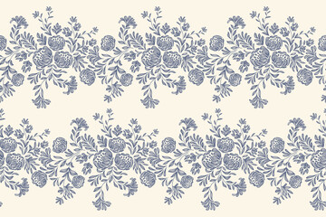 Vintage floral ethnic tapestry modern embroidery texture boho design vector illustration hand drawn silhouette indigo blue flower motif branches leaves wallpaper seamless background border.