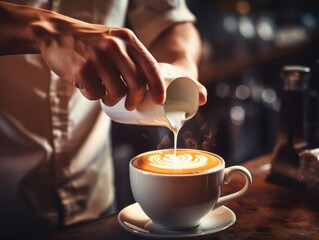 "Barista Pouring Cream into Coffee"