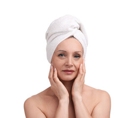 Beautiful woman with towel wrapped on her head against white background