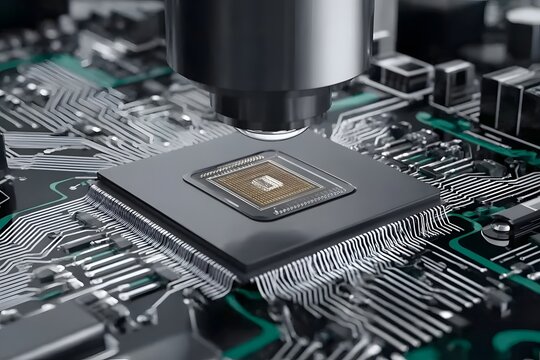 Close-up of a microchip under a microscope, with a circuit board background. Digital rendering showcasing the intricate details and precision in maintaining a clean chip surface for accurate electroni