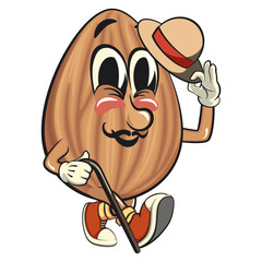 cute almond mascot cartoon vector illustration carrying a stick and saluting with raised hat, isolated nut character for healthy food branding, packaging, and snack advertisement, work of hand drawn