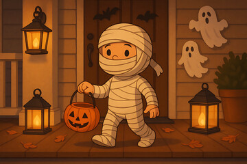 Little child in mummy costume with jack-o’-lantern basket, lanterns, Halloween porch decor