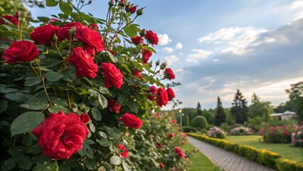 Red roses bush with a summer background featuring a bush of red rose flowers.flower, flowers, garden, nature, red, plant, summer, blossom, pink, bloom, beauty, spring, rose, floral, flora, 