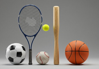 A neatly arranged set of sport equipment, including items like a soccer ball, tennis racket, baseball bat, and basketball, all placed on a clean, neutral background 