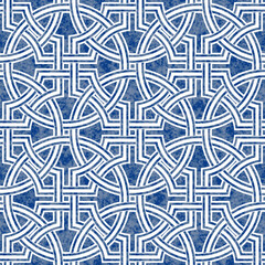 Vector art deco seamless pattern with blue watercolor painted texture 