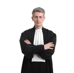 Judge with crossed arms on white background