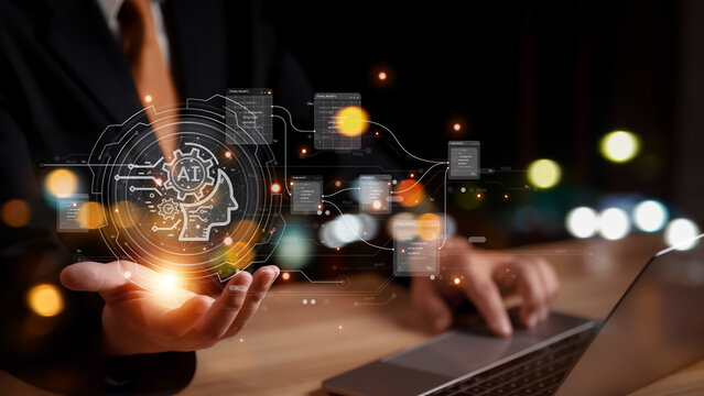 Technology and people concept man use AI to help work, AI Learning and Artificial Intelligence Concept. Business, modern technology, internet and networking concept. AI technology in everyday life.