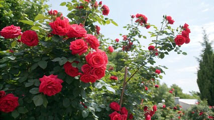 Red roses bush with a summer background featuring a bush of red rose flowers.,flower, flowers, garden, nature, red, plant, summer, blossom, pink, bloom, beauty, spring, rose, floral, flora, 