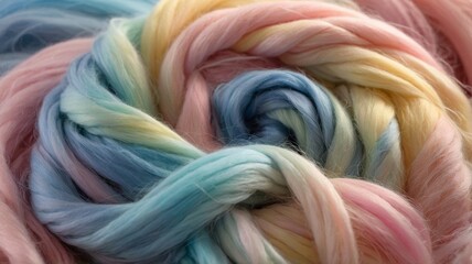 Colorful Pastel Yarn in a Twisted Formation, Showcasing a Blend of Soft Blue, Pink, and Yellow Shades, Perfect for Knitting and Crafting Projects