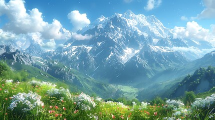 A scenic view of snow capped mountains with a field of flowers in the foreground