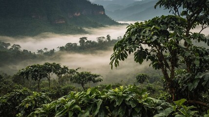 Obraz premium Foggy Morning in the Tropical Rainforest With Lush Greenery and Misty Mountains in the Background During Early Hours of Dawn