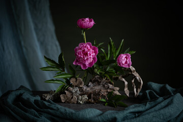 Graceful peonies, radiating elegance and tenderness, with branches and snags. A harmonious combination of the beauty of nature and artistic skill.