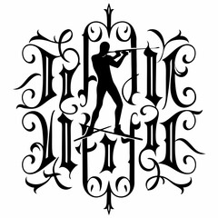 Biathlon silhouette with ornate typography design  