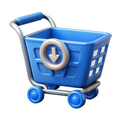 Blue 3d shopping cart icon with download arrow symbol isolated on transparent background