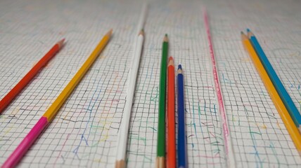 Colorful Pencils Arranged on a Graph Paper Surface During an Arts and Crafts Activity in a Creative Space